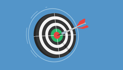 A vibrant, flat design illustration of a dart arrow precisely hitting the bullseye center of a dartboard, symbolizing achievement, accuracy, and success in business or sports, set against a clean