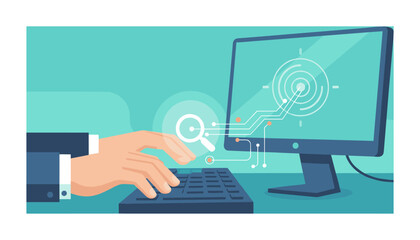 Close-up of a person's hands typing on a keyboard, with a computer screen displaying a search engine optimization interface featuring a magnifying glass icon and circuit board graphics, symbolizing