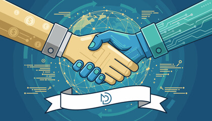 Digital marketing deal sealed with a handshake between a human hand and a robotic hand, symbolizing partnership and collaboration in the global digital economy, with a stylized Earth and circuit