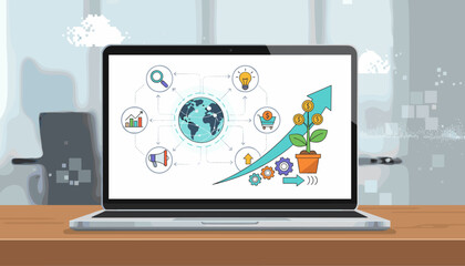 Digital marketing strategy presentation on a laptop screen, showcasing global connectivity, growth charts, a money plant, lightbulb idea, shopping cart, megaphone, and gears, symbolizing business