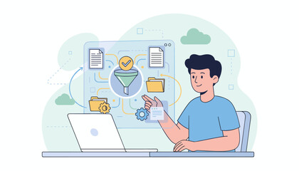 Modern flat illustration of a person using a laptop to manage documents and data through a digital funnel, symbolizing efficient data processing and workflow optimization in a cloud-based system