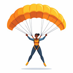 Obraz premium Parachuting flat vector illustration. Skydiving, paragliding experience. Extreme sports. Active lifestyle. Outdoor activities. Sportsman with parachute isolated cartoon character on white background