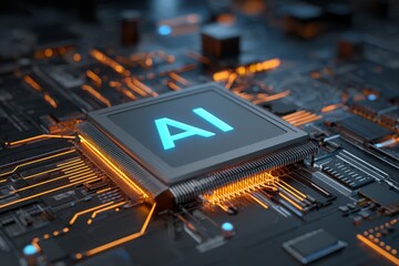 A futuristic AI chip glows within a transparent cube, sparks of neon lines flowing through the motherboard.