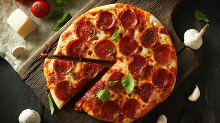 hunger. A delicious pepperoni pizza sits on a rustic wooden board, captured from an overhead angle. representing modern convenience.