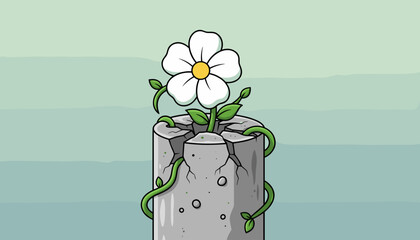 Symbolic illustration of resilience and hope: a delicate white flower with green leaves and vines emerges and blooms triumphantly from a cracked, broken concrete pillar, representing nature's