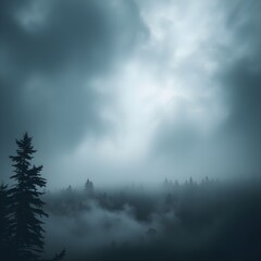 Moody, atmospheric landscape with a dark, overcast sky and fog-shrouded forest.