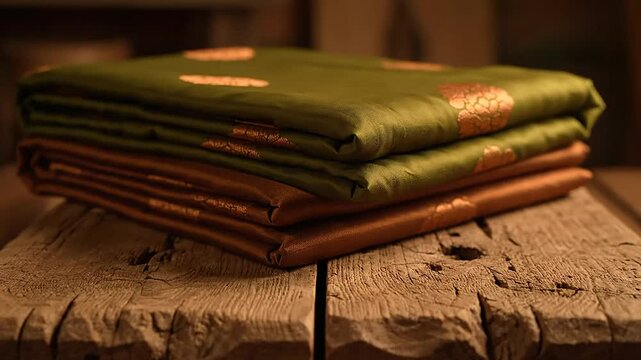 Elegant vaira oosi silk saree presentation folded neatly on rustic wooden surface India
