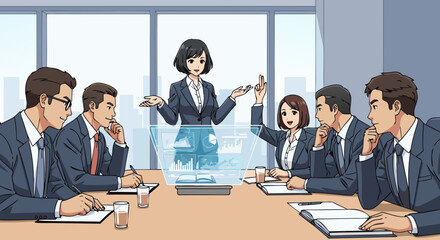 Business meeting with holographic display showing financial charts and data, with colleagues attentively listening and discussing strategies around a conference table