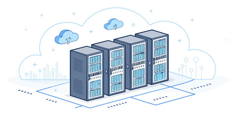 Illustration of four server racks connected to a cloud network with data upload indicators above