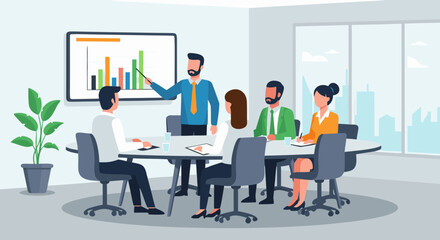 Obraz premium Business meeting presentation with a manager explaining growth chart to team in a modern conference room