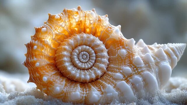 Close-up of a beautiful seashell on sandy beach