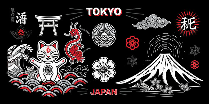 Vibrant tokyo japan collage featuring iconic symbols like mount fuji torii gate dragon and maneki neko cat