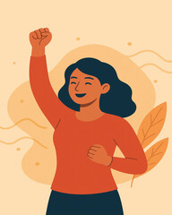 Empowered Woman Celebrating Success: Flat Design Vector Illustration of a Happy Girl Raising a Fisted Hand in Triumph, Victory, and Achievement.