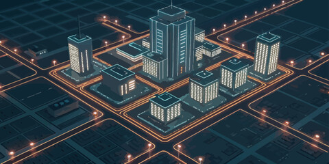 Aerial view of a futuristic city with glowing buildings and roads at night in a stylized render