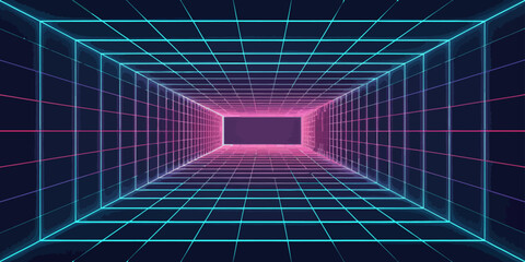 A glowing grid tunnel with neon blue and pink lines receding into a dark rectangular opening