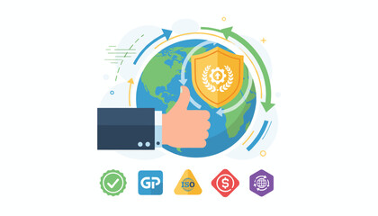 Business hand with thumbs up gesture in front of a globe, shield with gears, and certification icons, symbolizing top service, quality assurance, global business, and international standards like ISO