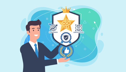 Professional businessman in a suit proudly presents a shield emblem symbolizing top service quality, ISO certification, and industry standards, with a golden star and gears at the center, against a