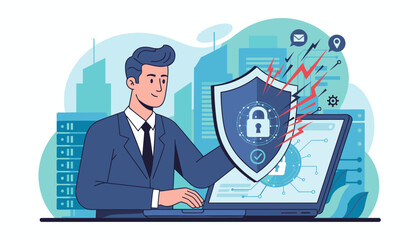 Illustrative vector graphic of a businessman in a suit using a laptop, holding a shield with a lock icon to protect personal data from digital threats, with city buildings and server racks in the