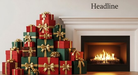 Gifts stacked by a fireplace with flames Headline text in the upper right corner