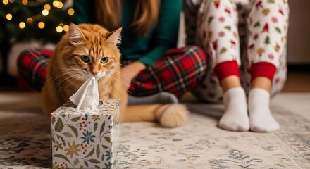 Ginger cat pulls tissue from floral box near a person in pajamas by a tree with lights