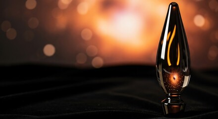 Glass object teardropshaped sits on black velvet under an outoffocus orange bokeh background