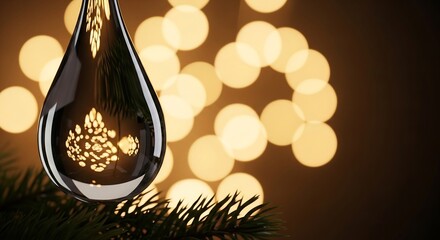 Glass teardrop Christmas ornament reflects lights on a pine branch