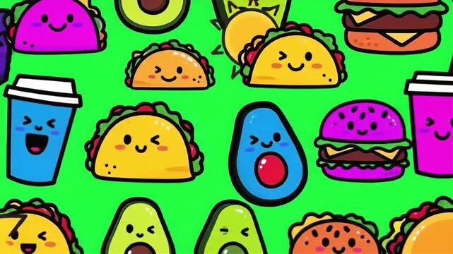 cartoon food pattern with tacos avocados and burgers a playful background featuring colorful illustrations perfect for food blog designs.