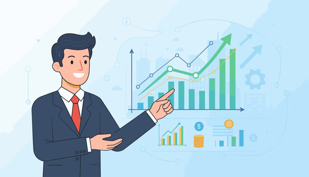 Dynamic businessman in a suit pointing at a vibrant trading graph, illustrating financial growth, market trends, and strategic planning with upward arrows and stacked coins, symbolizing success and
