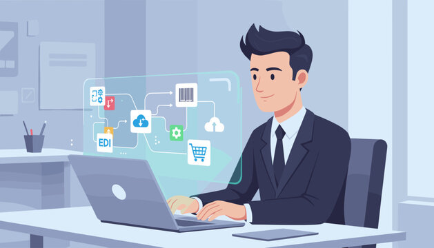 Businessman in a suit working on a laptop, interacting with a futuristic holographic interface displaying Electronic Data Interchange (EDI) icons, cloud computing symbols, a barcode, and a shopping