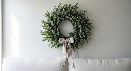 Green wreath with a beige bow and bells hanging on a white wall above a white sofa