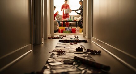Hallway view leads to a scene of giftwrapping amidst wrapping paper ribbons and boxes