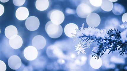 precipitation. Softly falling snowflakes in a winter scene with a cool blue atmospheric glow. travel magazines, destination branding, designed for outdoor magazines and nature guides.