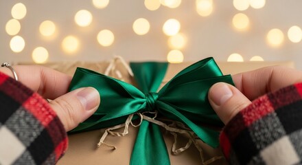 Hands adjust a green bow on a brown gift set against blurred warm lights