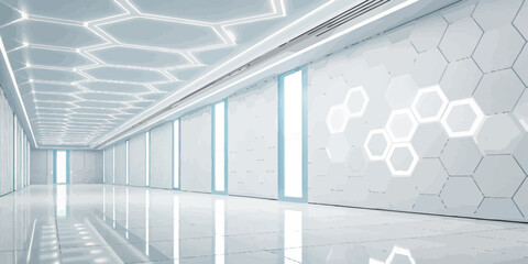 A bright hallway with white walls and a hexagon pattern on the ceiling and walls with lights