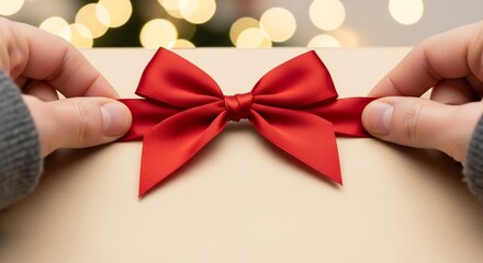 Hands adjusting a red ribbon bow on a beige gift box against a bokeh light background