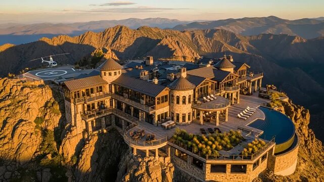 Luxurious mountain mansion with a helipad and infinity pool perched on a rocky peak at sunset