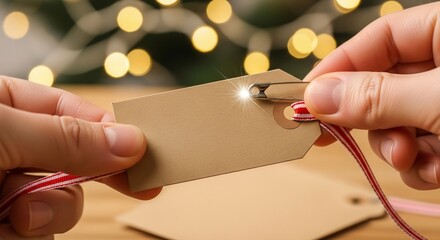 Hands hold a tag secured with a safety pin and ribbon against a blurred festive background