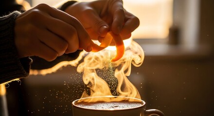 Hands hold orange peel over steaming mug releasing zest