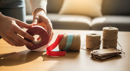 Hands hold redstriped tape on a table with spools of twine ribbons and tags in front of a couch