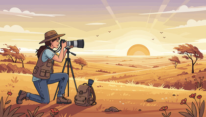 Vibrant illustration of a female photographer kneeling on a grassy prairie, using a professional camera on a tripod to capture the breathtaking sunrise over a vast, rolling landscape with scattered