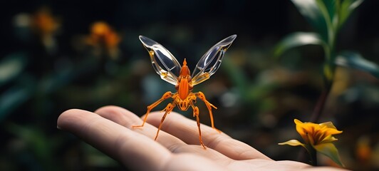 A orange leaf , a small creature made of glass that is sitting in the palm of your hand,generative AI
