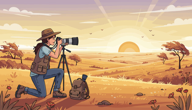 Vibrant illustration of a female photographer kneeling on a grassy prairie, using a professional camera on a tripod to capture the breathtaking sunrise over a vast, rolling landscape with scattered