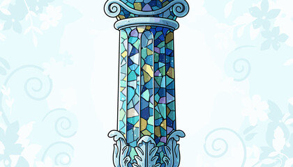 Exquisite stained glass column with shimmering mosaic tiles in shades of blue, teal, and gold, adorned with ornate classical capitals and a decorative base, set against a soft floral background
