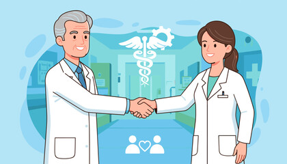 A senior male doctor and a younger female doctor shake hands in a hospital corridor, symbolizing collaboration and partnership in healthcare, with a caduceus symbol and a gear in the background