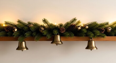 Holiday garland with bells and pine cones on a wooden shelf against a neutral background