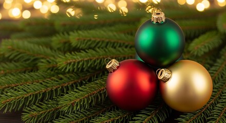Holiday setup Three ornaments green red gold resting on pine needles against a soft bokeh background of lights