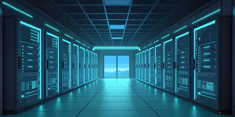 Interior view of a data center with rows of servers and a window at the end of the hallway