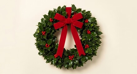 Holly wreath with red berries and velvet bow adorns a light background