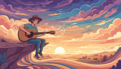 A young man wearing a hat sits on a cliff edge playing an acoustic guitar, with musical notes swirling around him, against a vibrant sunset sky filled with dramatic clouds and a warm, golden glow