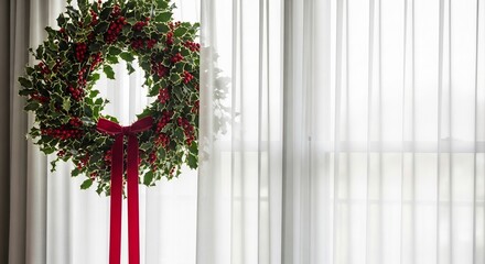 Holly wreath with red bow hangs against gauzy curtains and window